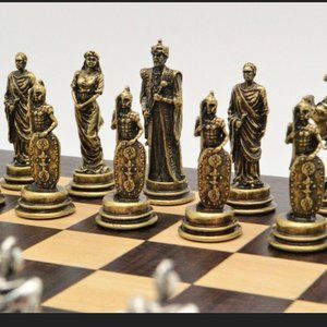 Marinakis chess set metal brass and nickle plated large Medieval